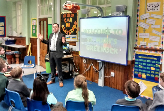 Euan speaks to pupils of St ary's primary in Greenock