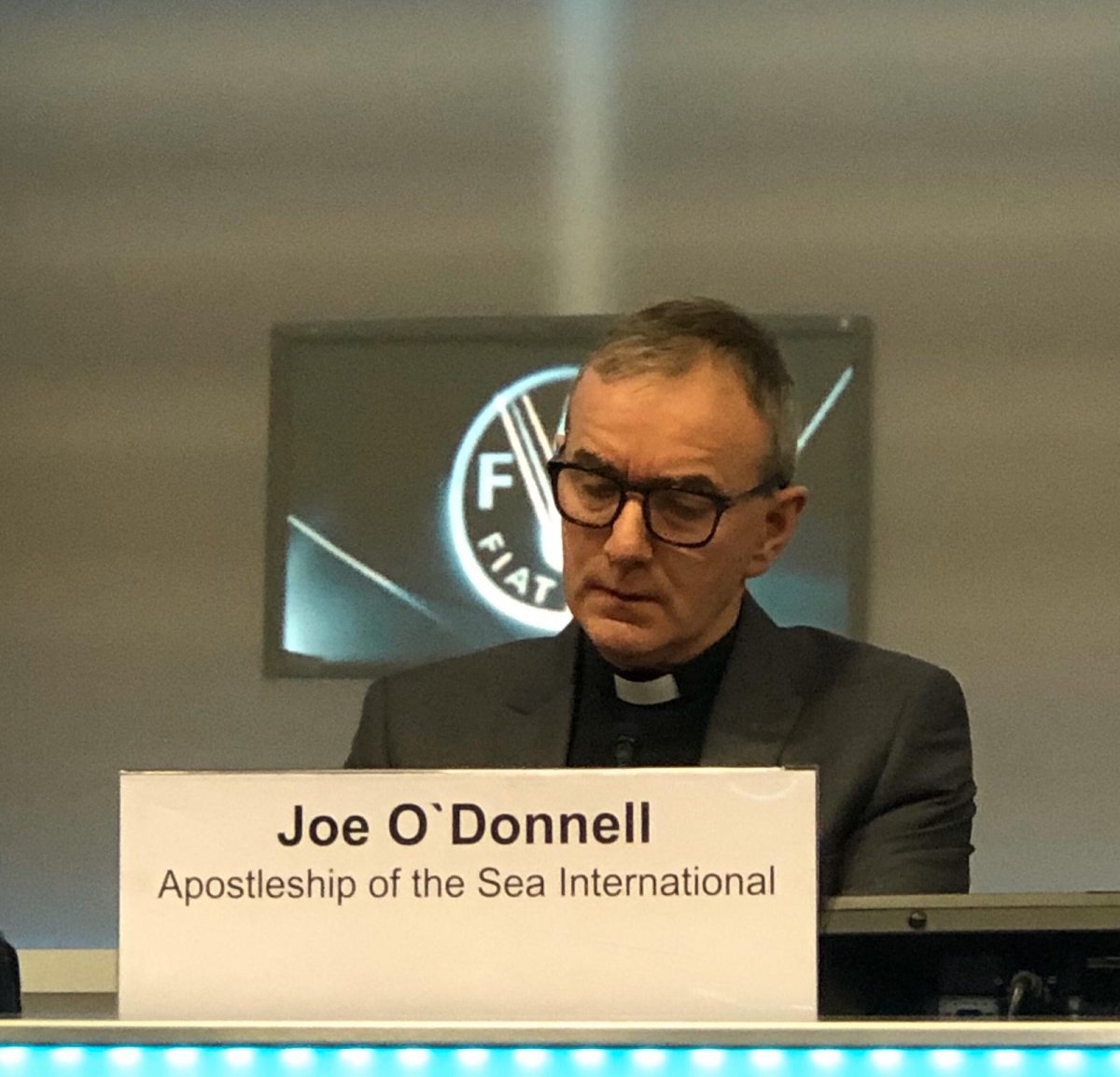 Deacon Joe O'Donnell speaks at the World Fisheries Day conference 